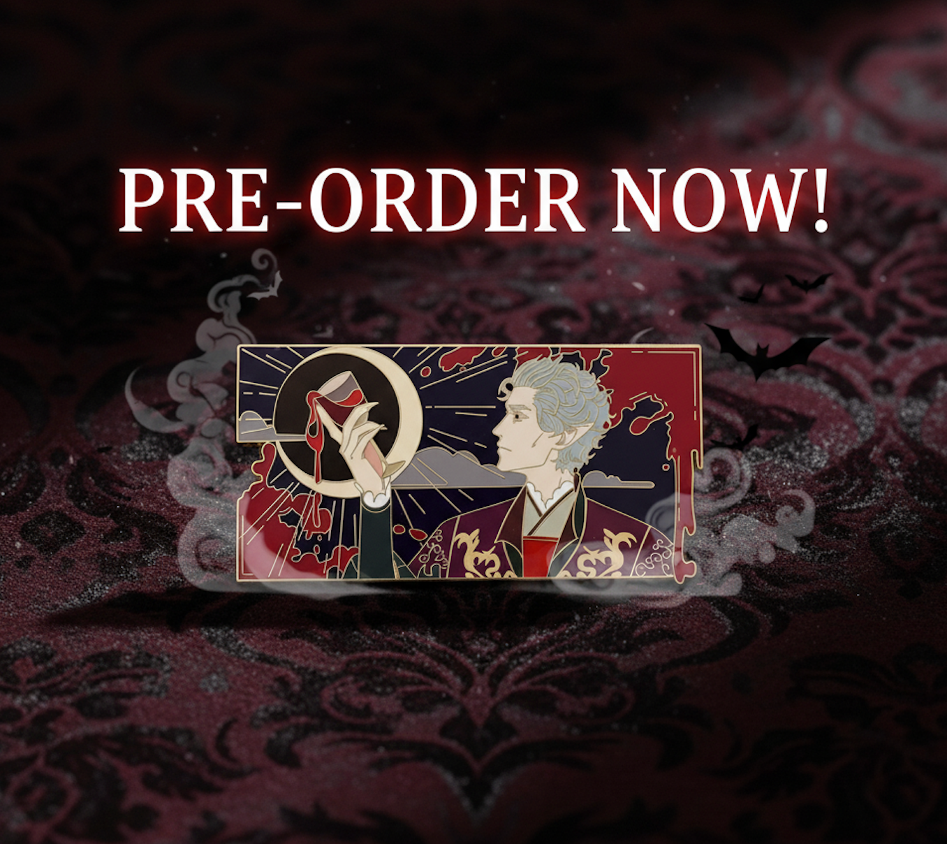 BG 3 astarion vampire enamel pin design on a dark, patterned background