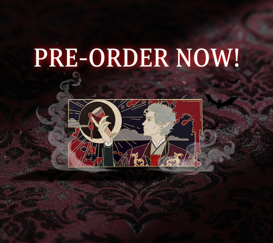 BG 3 astarion vampire enamel pin design on a dark, patterned background