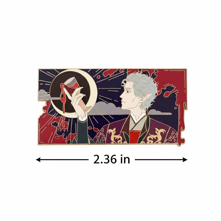 BG 3 astarion vampire enamel pin design on a dark, patterned background