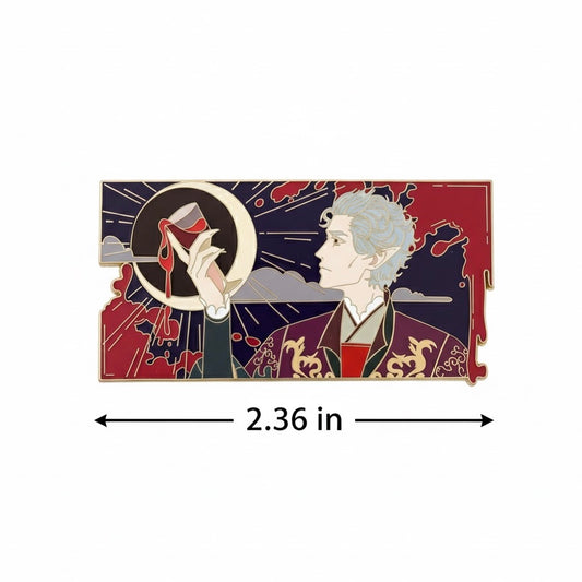 BG 3 astarion vampire enamel pin design on a dark, patterned background
