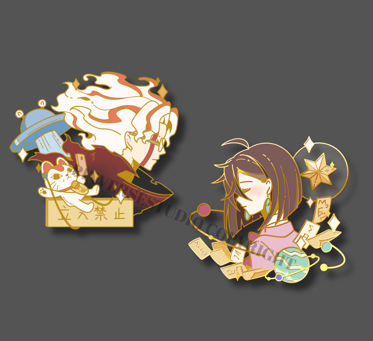 Dandadan  enamel pins, featuring Momo and Okarun.