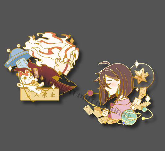 Dandadan  enamel pins, featuring Momo and Okarun.