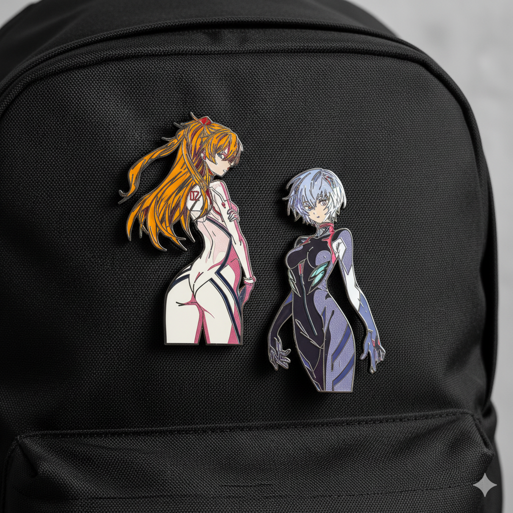 Rei and Asuka Enamel Pins • Anime Mecha Girl Pin Set • Double-Sided Hard Enamel Pin • Collectible Fan Art Gift