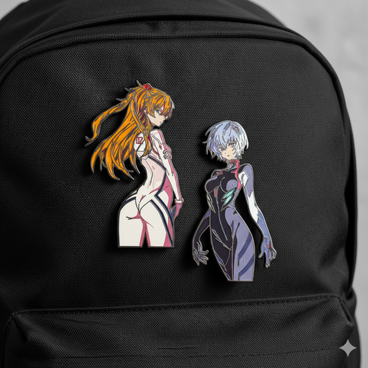 Rei and Asuka Enamel Pins • Anime Mecha Girl Pin Set • Double-Sided Hard Enamel Pin • Collectible Fan Art Gift