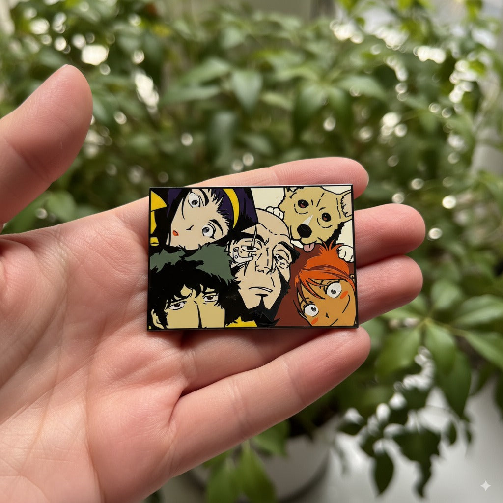 Cowboy Bebop Enamel Pin | Anime Collectible Rectangular Badge | Spike, Faye, Jet, Ed & Ein Design