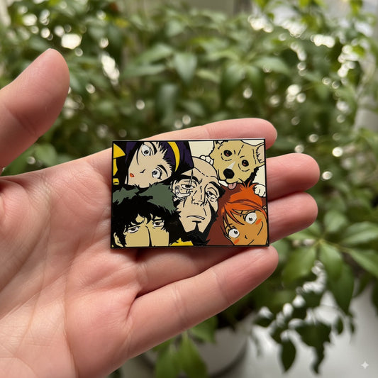 Cowboy Bebop Enamel Pin | Anime Collectible Rectangular Badge | Spike, Faye, Jet, Ed & Ein Design