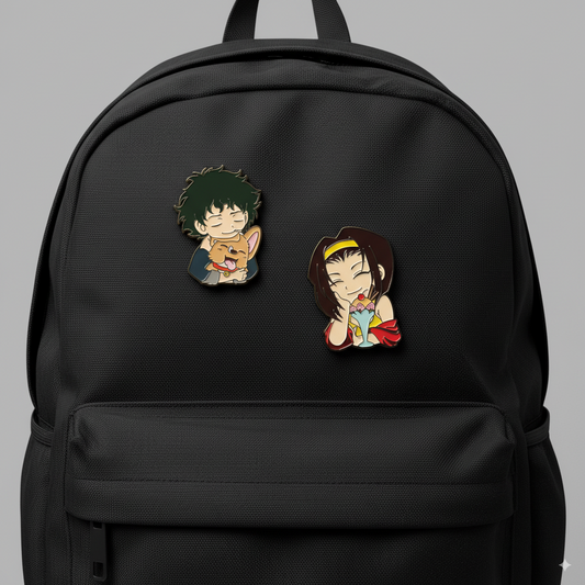 Cowboy Bebop Enamel Pin Set – Spike Spiegel with Ein & Faye Valentine – Anime Collectible Pins (2 Pack)