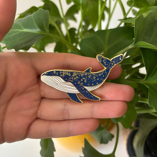 Cosmic Whale Enamel Pin – Deep Sea Blue with Gold Accents
