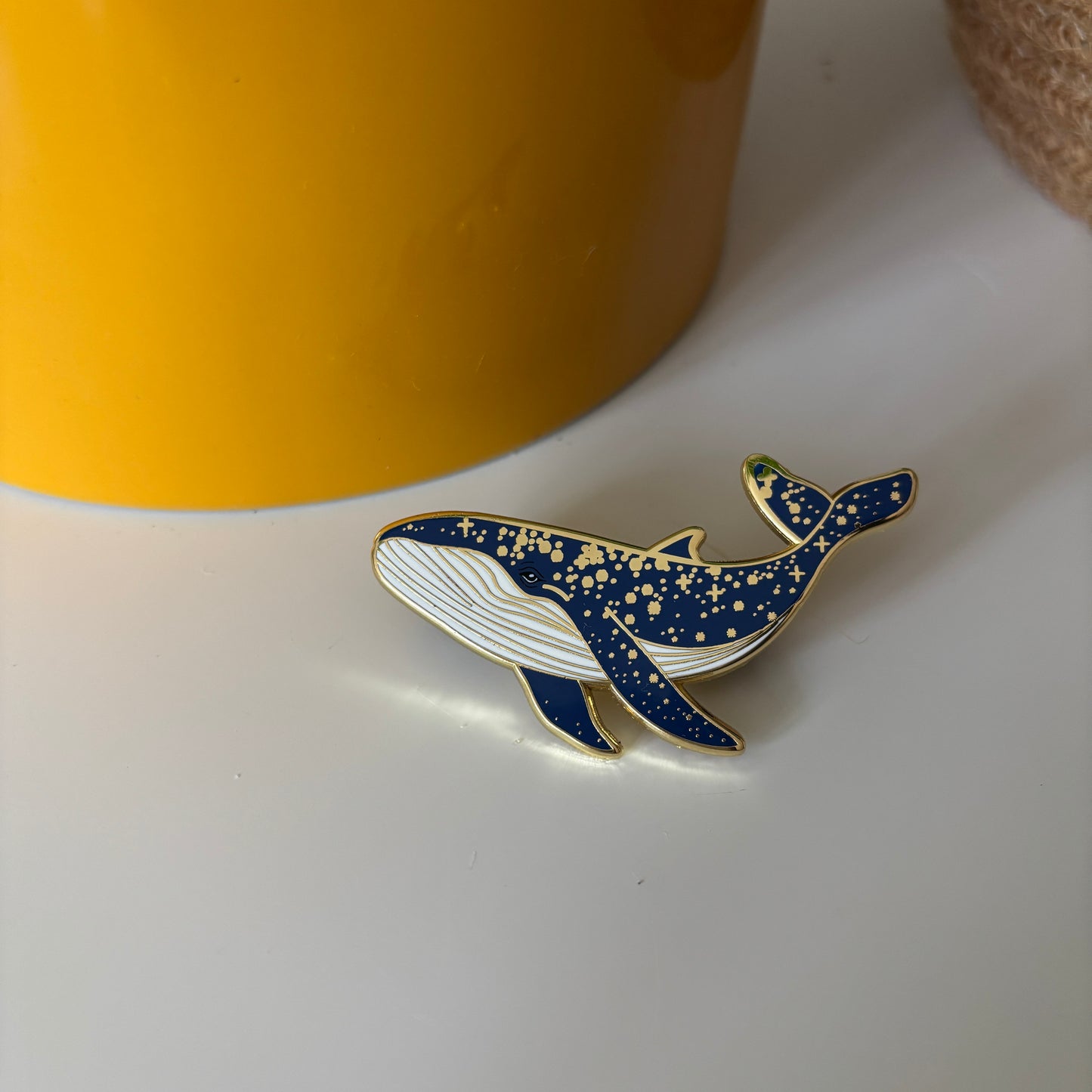 Cosmic Whale Enamel Pin – Deep Sea Blue with Gold Accents