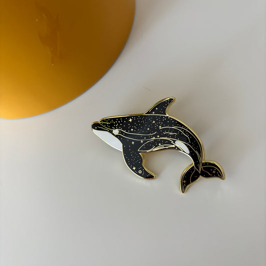 Celestial Whale Enamel Pin – Black & Gold Cosmic Ocean Lapel Pin