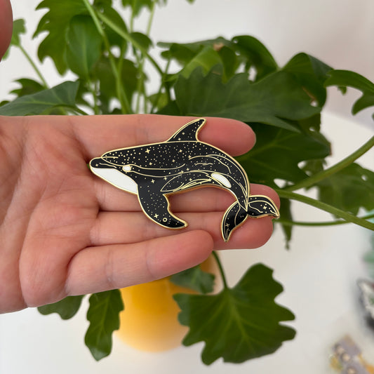 Celestial Whale Enamel Pin – Black & Gold Cosmic Ocean Lapel Pin
