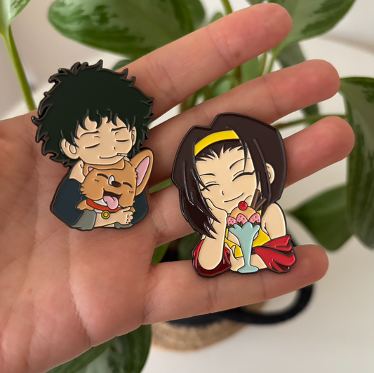Cowboy Bebop Enamel Pin Set – Spike Spiegel with Ein & Faye Valentine – Anime Collectible Pins (2 Pack)