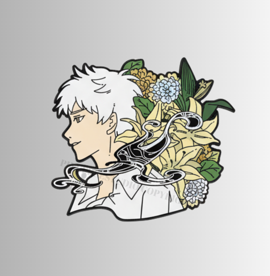 Illustration of a character with white hair and a snake, surrounded by flowers on a light gray background TSHD enamel pins  yoshiki hikaru black plated