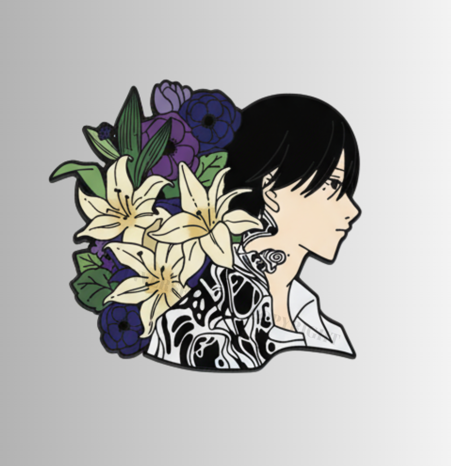 Illustration of a person with flowers on their head against a light gray background TSHD enamel pins  yoshiki hikaru