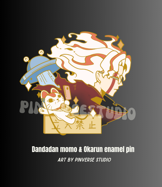 Dandadan  enamel pins, featuring Momo and Okarun.