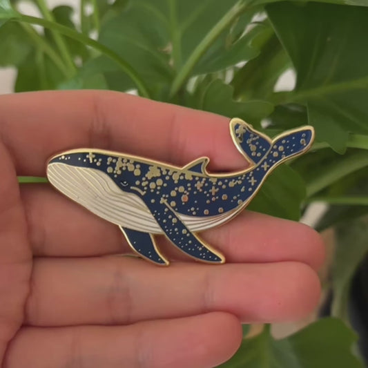 Cosmic Whale Enamel Pin – Deep Sea Blue with Gold Accents